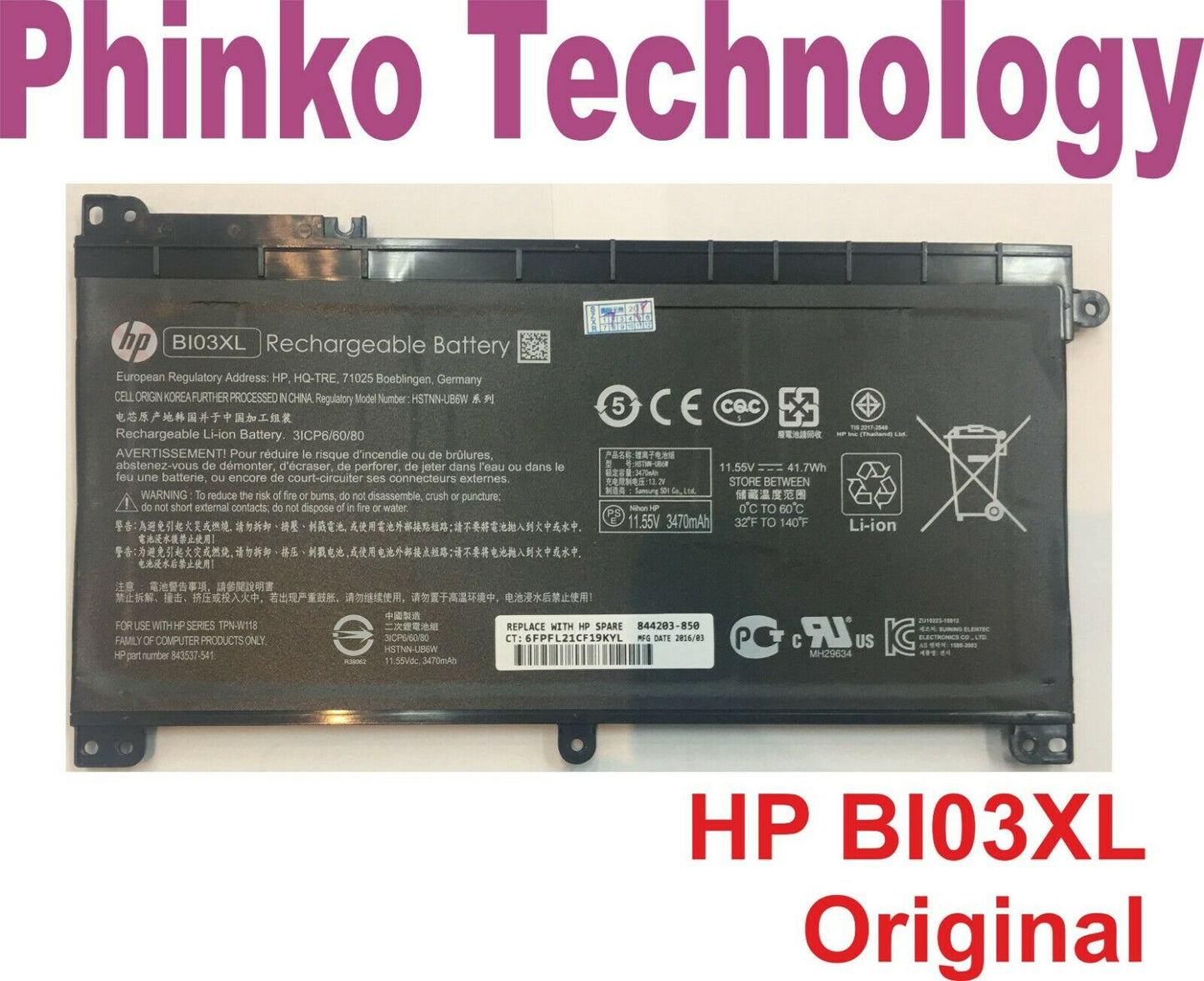 Original BI03XL ON03XL Battery for HP x360 13-u TPN-W118 843537-541 HSTNN-UB6W