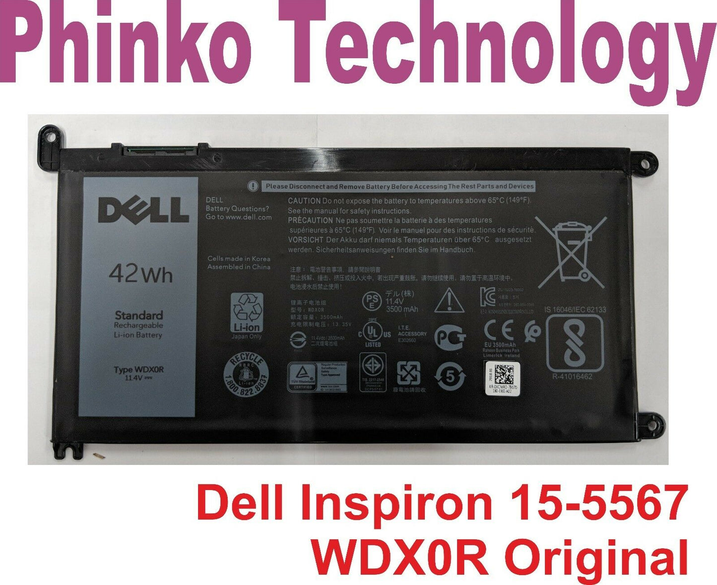 WDX0R Battery For Dell Inspiron 13 7368 7378 5567 Vostro 14 5468 Series
