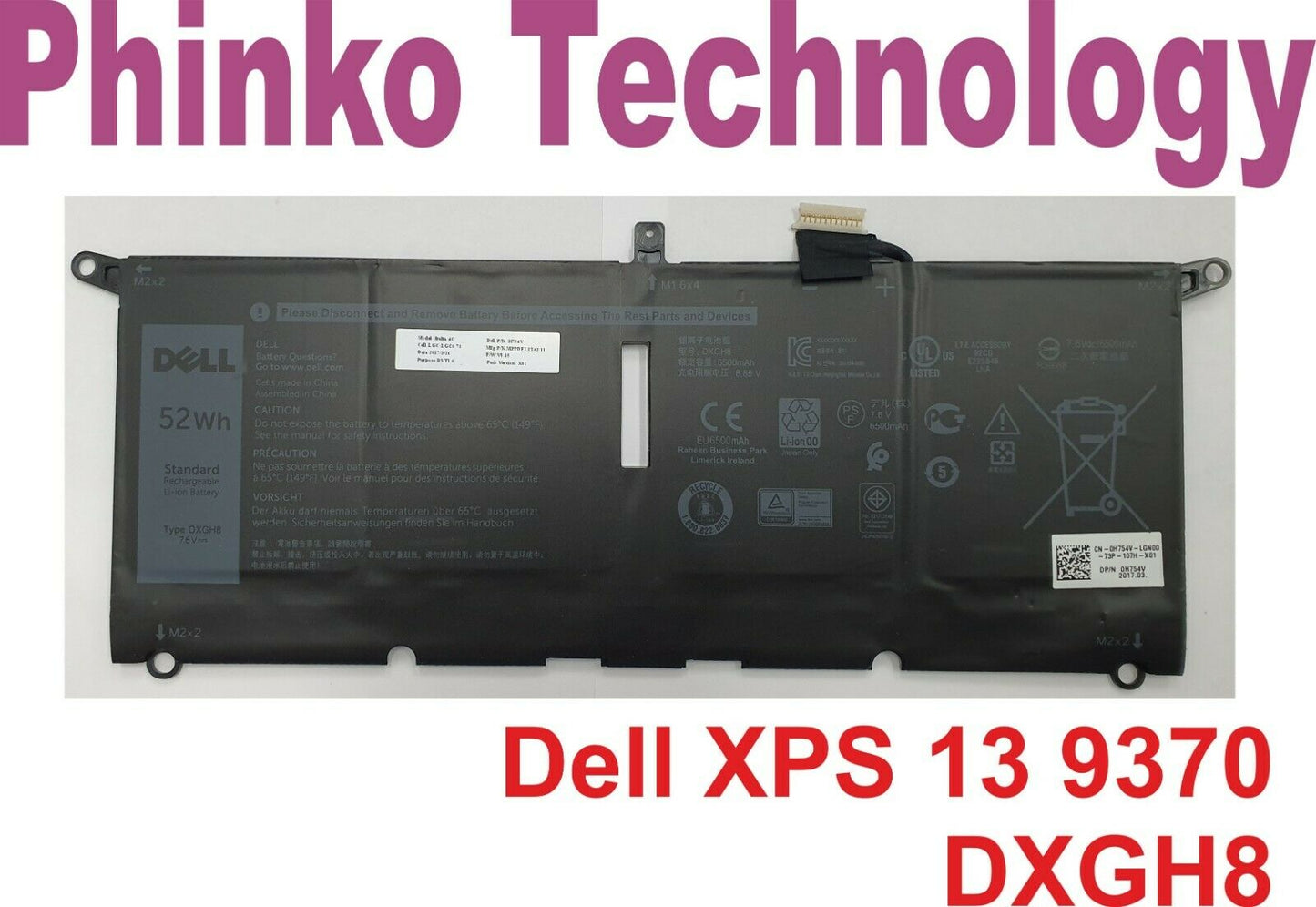 Battery for Dell XPS 13 9370 9380 Series DXGH8 52Wh